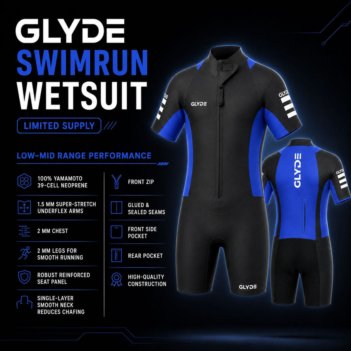 GLYDE MENS AMPHIBIAN SWIMRUN WETSUIT - BLUE OR RED